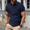 Men's Summer Fashion Polo Shirt 2025 Long Front Button Lapel Double Pockets Solid Color Casual Short-Sleeved Simple Design 1