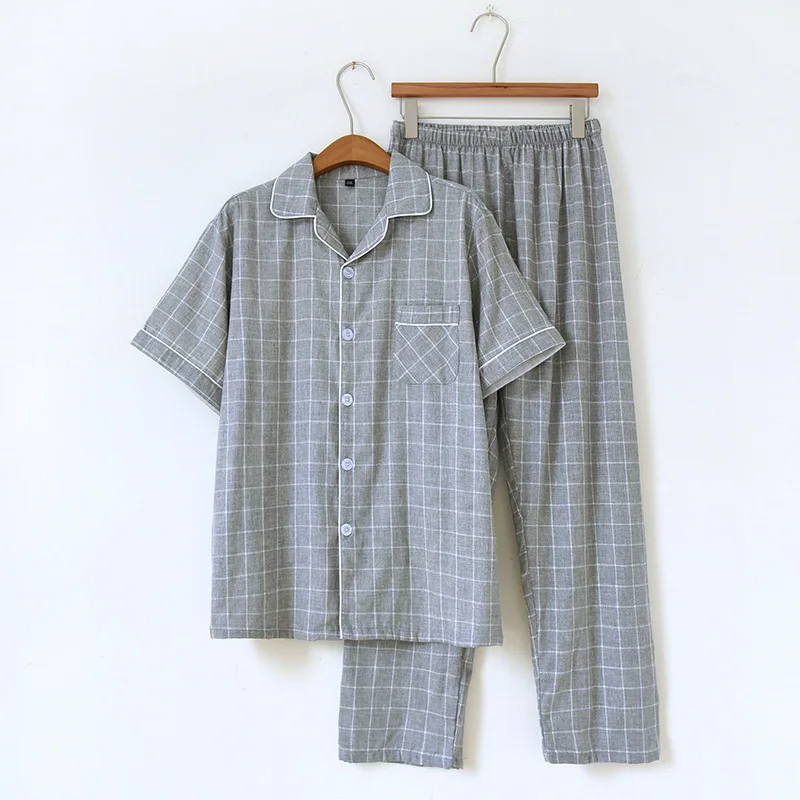 

100% cotton fashion plaid pajamas sets Men sleepwear cozy casual short sleeve quality pyjamas male homewear