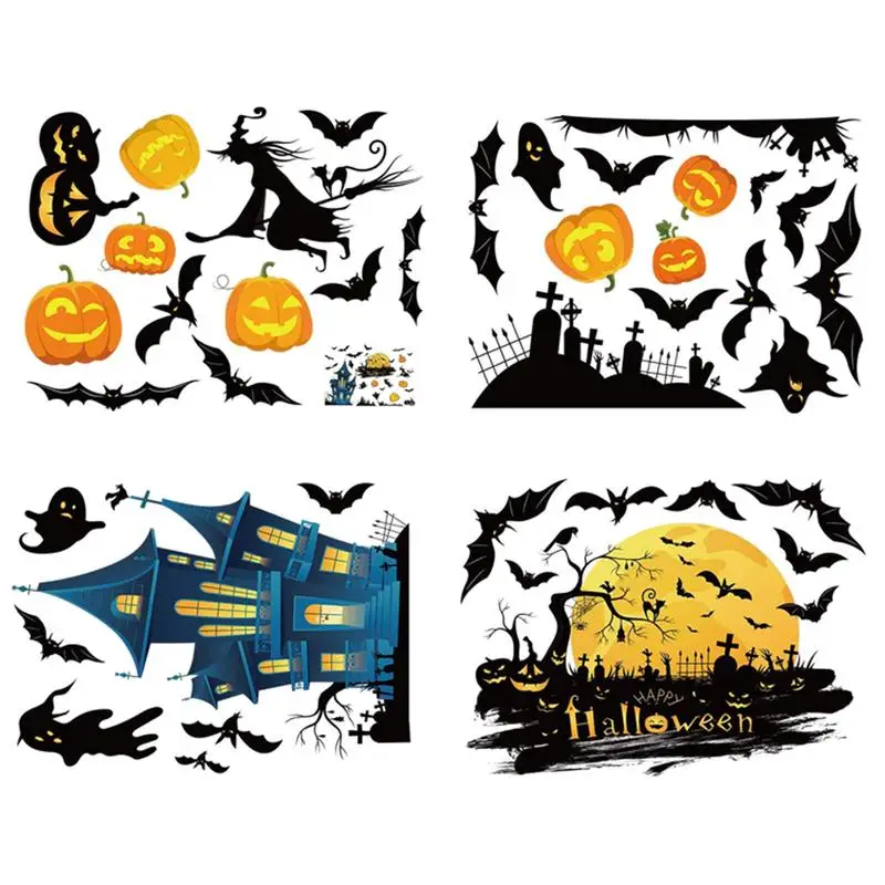 4 Pcs Halloween Party Decoration Haloween Pumpkin Bat Ghost Wall Sticker Window Stickers Wall DIY Decor Clings Party Supplies