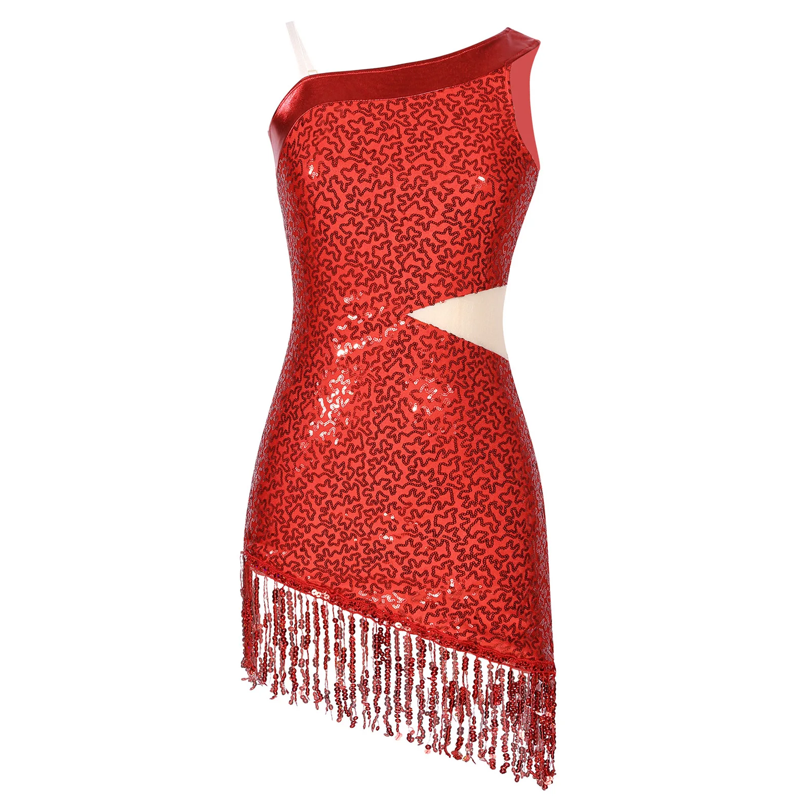 Womens Sparkly Sequin Latin Dance with Fringed Dress Asymmetric Shoulder Shiny Latin Jazz Dress