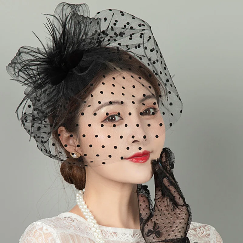 여성용 깃털 그물 털실 모자, 웨딩 액세서리, 메쉬 베일 머리 장식 캡, 헤어 클립, 하프 페이스 커버, 나비 매듭 머리핀, 패션