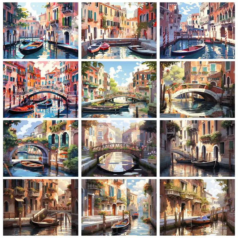 

SDOYUNO Painting By Numbers Acrylic Small Town Boat Canvas Art Painting Home Decor Items Original Gifts