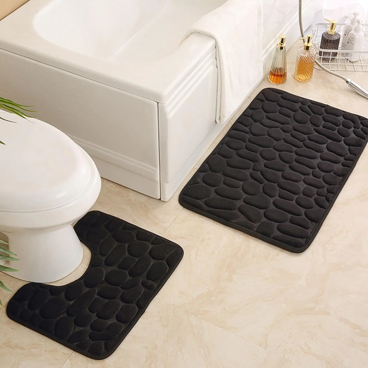 2PC embossed stone pattern toilet mat 3