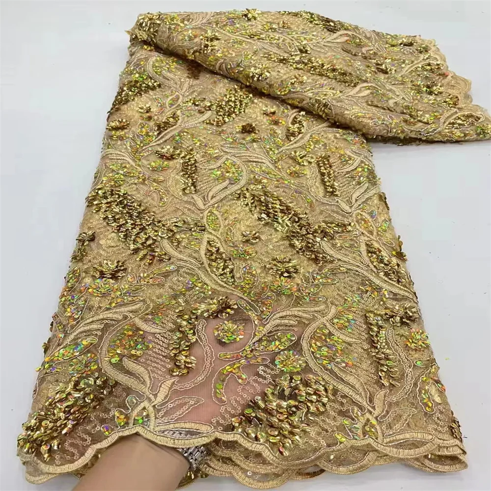 

African French Net Lace Fabric High Quality With Sequins Beaded Tulle Mesh Lace Bridal Nigerian Wedding Dresses For Women DP1356