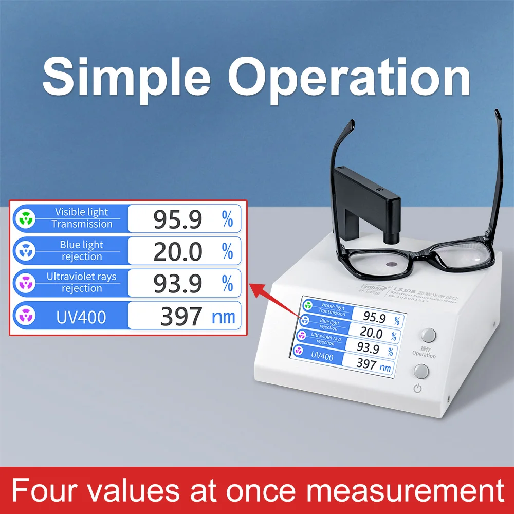 Light Transmission Meter UV400 Lens Tester Digital Anti UV Blue Light Tester Multi Function for Eyeglasses Sunglasses LS108