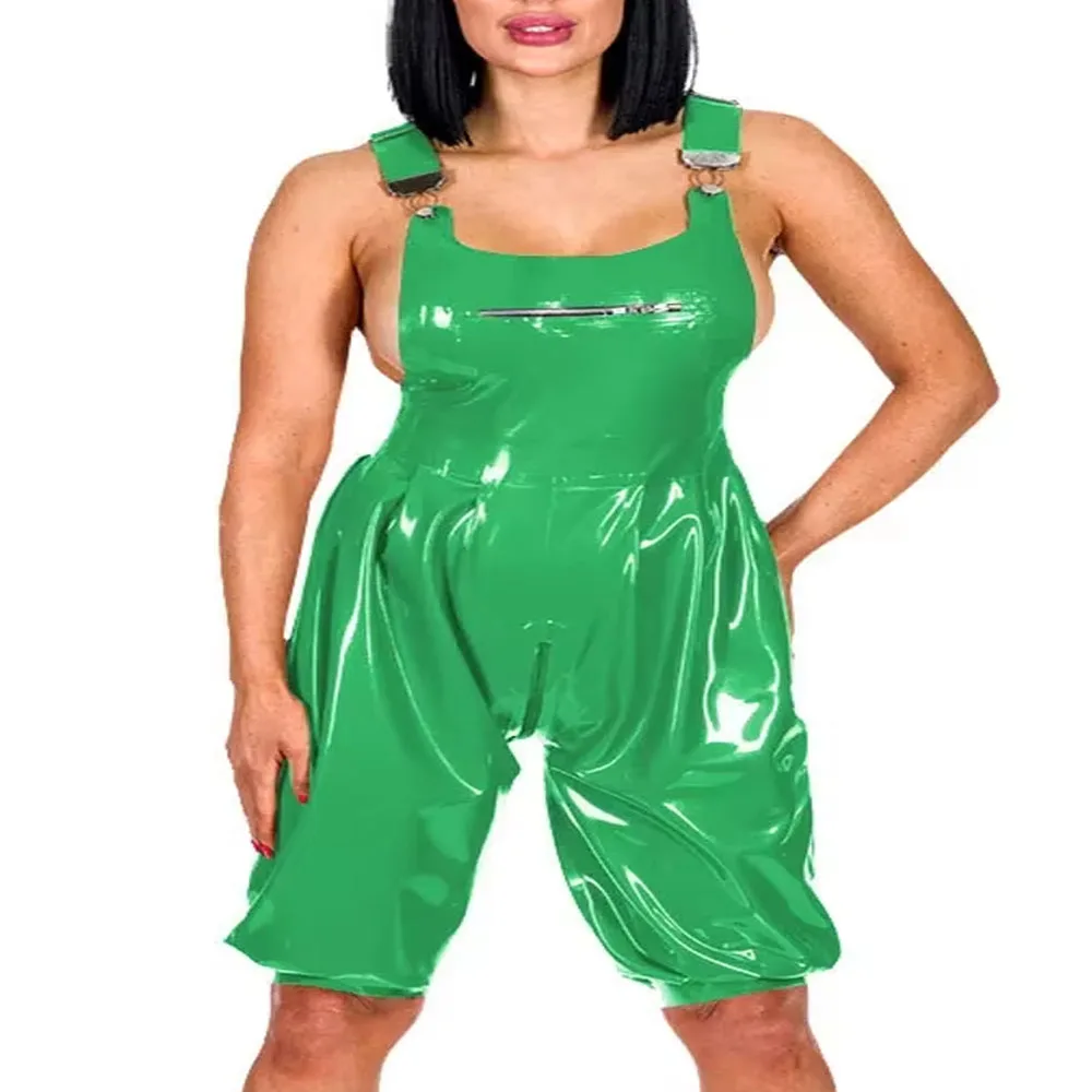 Plus Size Punk Zipper Rompers Sexy Adjustable Suspenders Bloomers Jumpsuit Wetlook PVC Leather Knee-length Bodysuit Clubwear 5