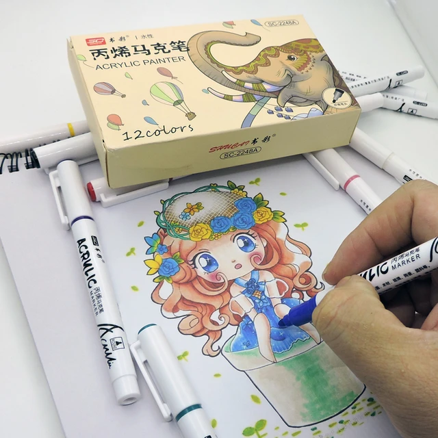12 Colors Waterborne Acrylic Markers Felt Pen Manga Sketching