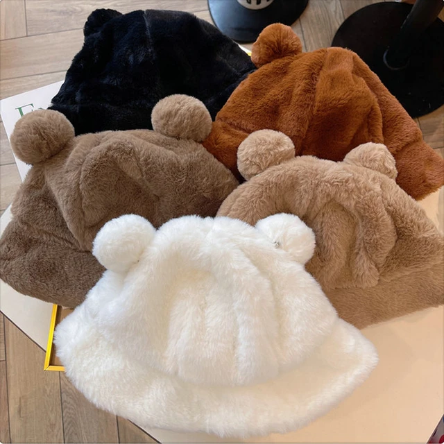 Autumn Winter Leopard Furry Fur Bucket Hat Bear Ear Ball Plush Fisherman  Hat Soft Warm Thick