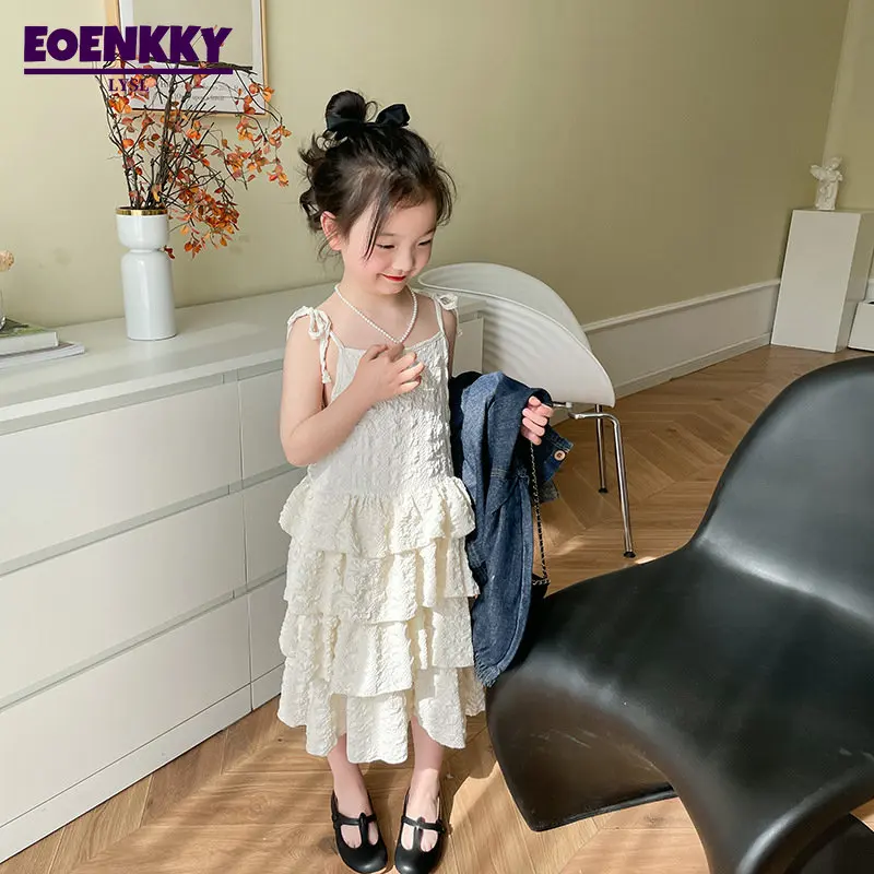 

Летнее платье-комбинация, детское платье, весна 2023, милое корейское модное повседневное цельное платье на бретелях для маленьких девочек