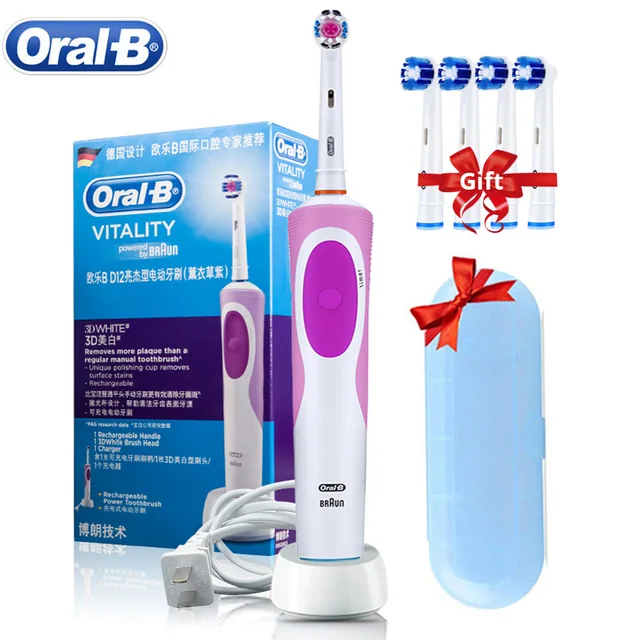 Oral B Electric Toothbrush 2D Rotary Vibration Clean Charging Tooth Brush Cross Action Bristle Oral Care 4 Gift Brush Heads Free 1