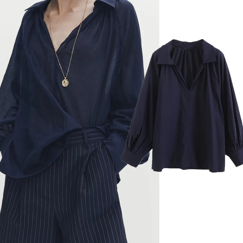 Jenny&Dave Fashion Ladies Loose Navy Blue Pleated Shirts For Women French Lazy Style Casual Cotton casual Blouse Tops