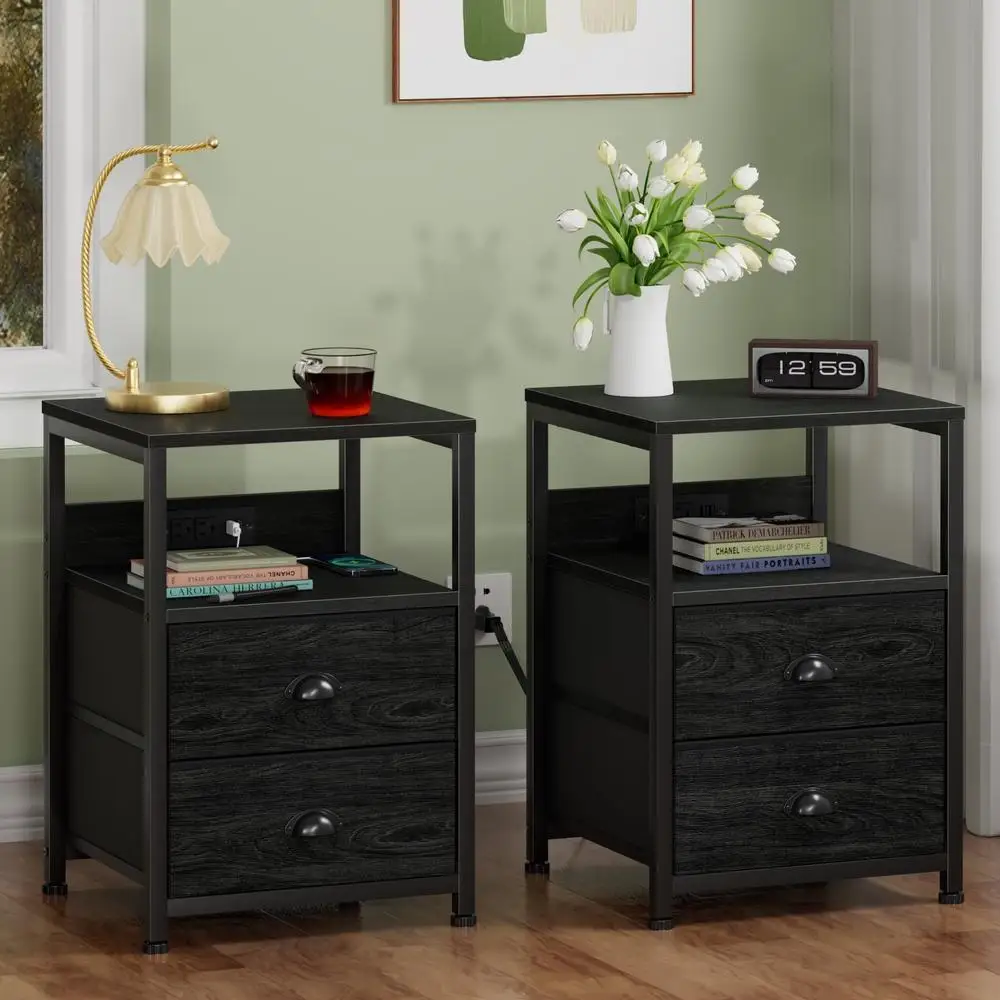 Set of 2 Nightstands with Charging Station USB Ports AC Outlets Fabric Drawers Small End Table Bedroom Living Room 4