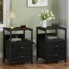 Set of 2 Nightstands with Charging Station USB Ports AC Outlets Fabric Drawers Small End Table Bedroom Living Room 4