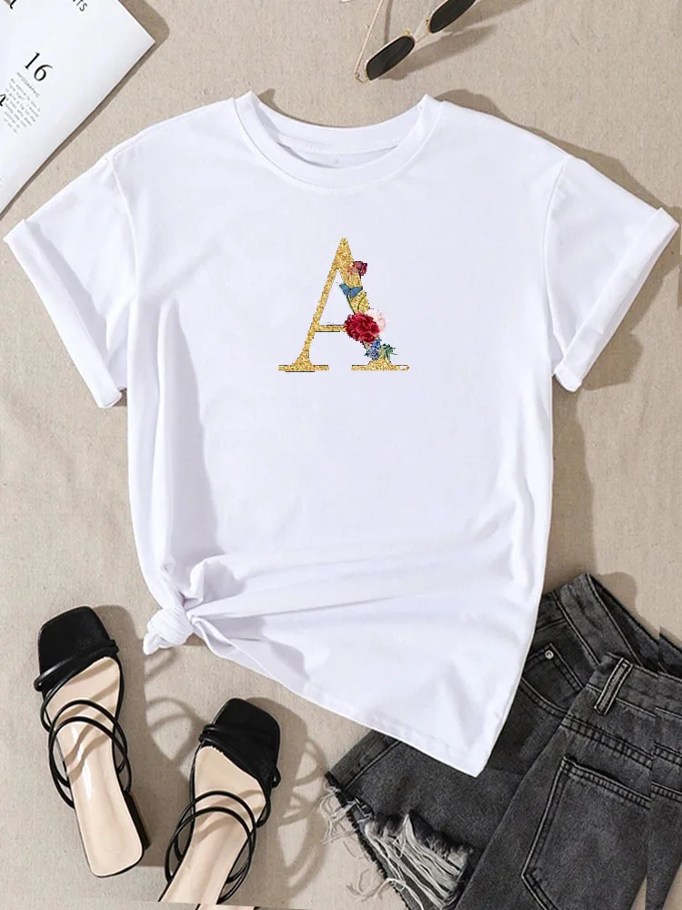 

Flower Golden Font A B C D E F G Print T Shirt Custom Name Letter Combination Fashion Women T-shirt Short Sleeve Tops T-shirts