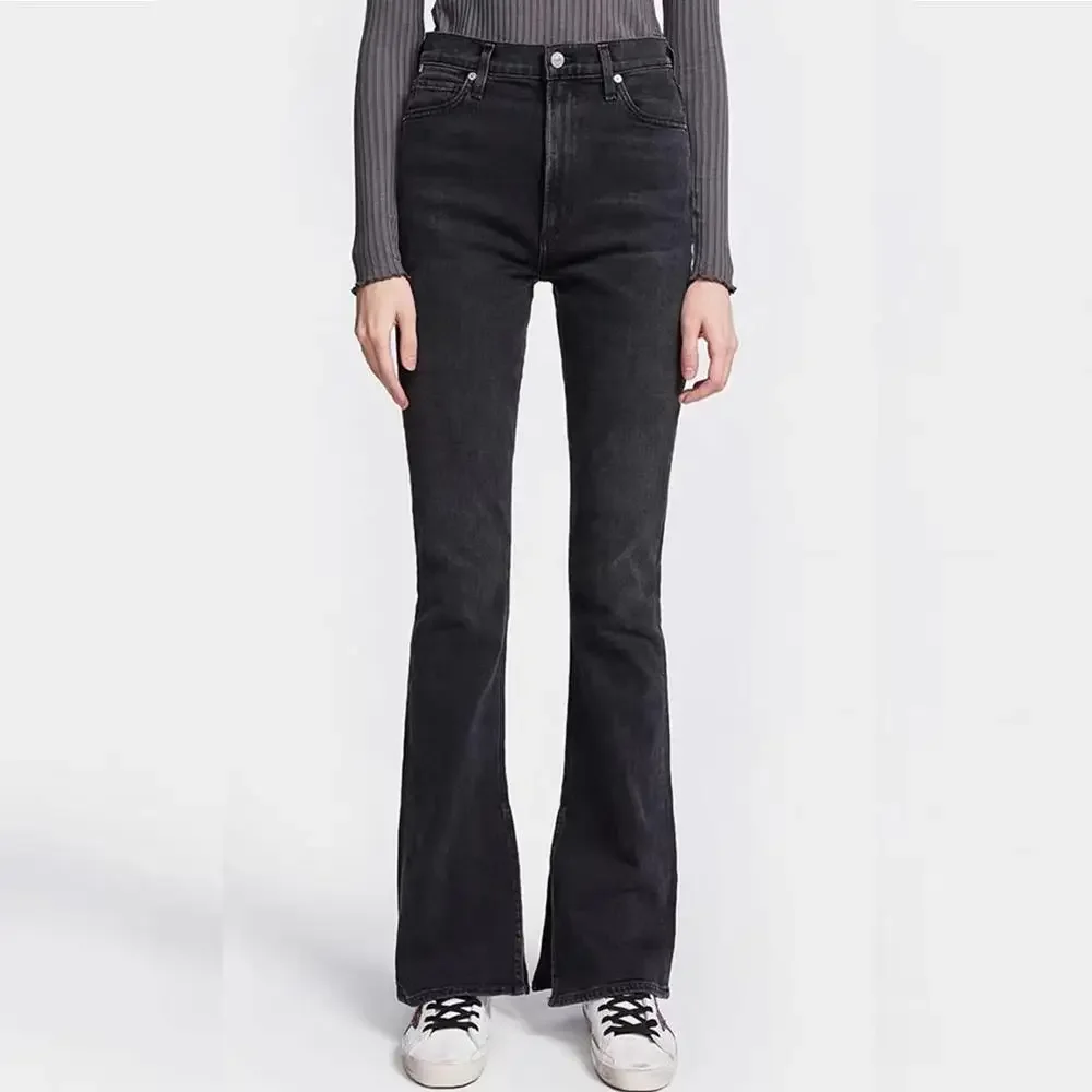 

High waist slim women jeans solid wild casual Slit Flared Denim pants