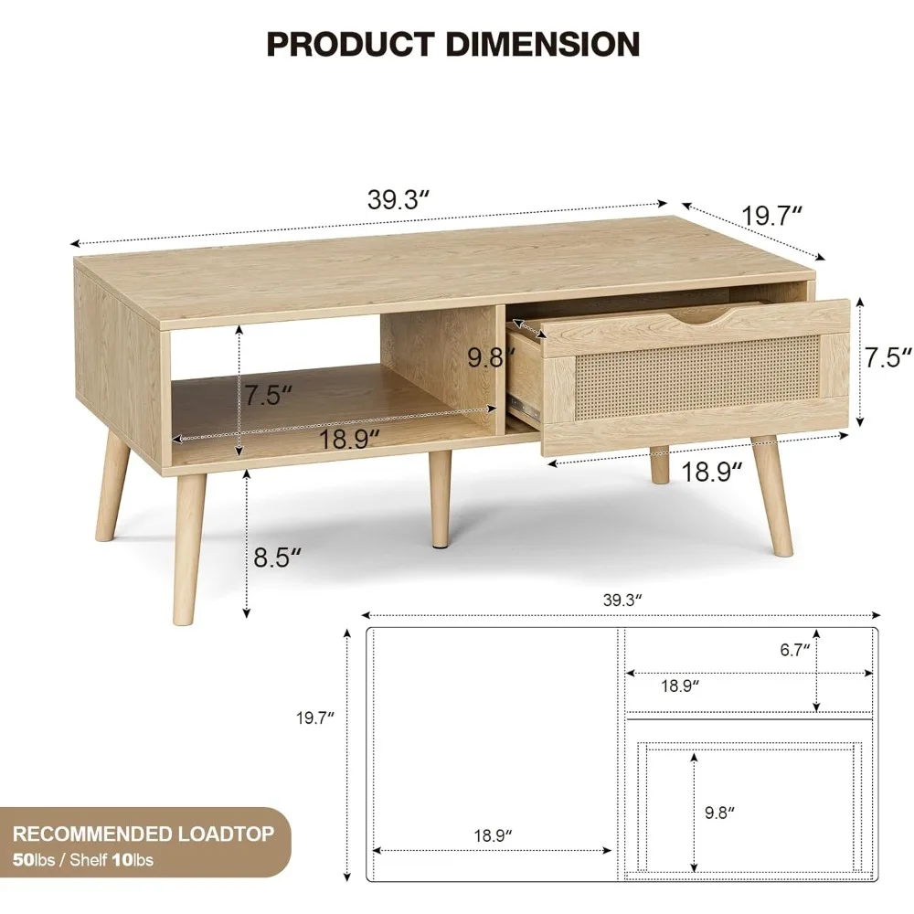 Boho Coffee Table with Rattan Drawer and Solid Wood Legs, Storage Living Room Table, Oak Finish