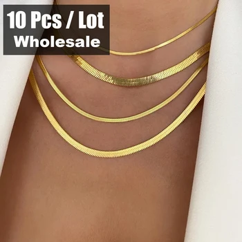 10PCS Hot Fashion Unisex Snake Chain Necklace for Women Choker Stainless Steel Herringbone Gold Color Chain Necklaces Jewelry 1