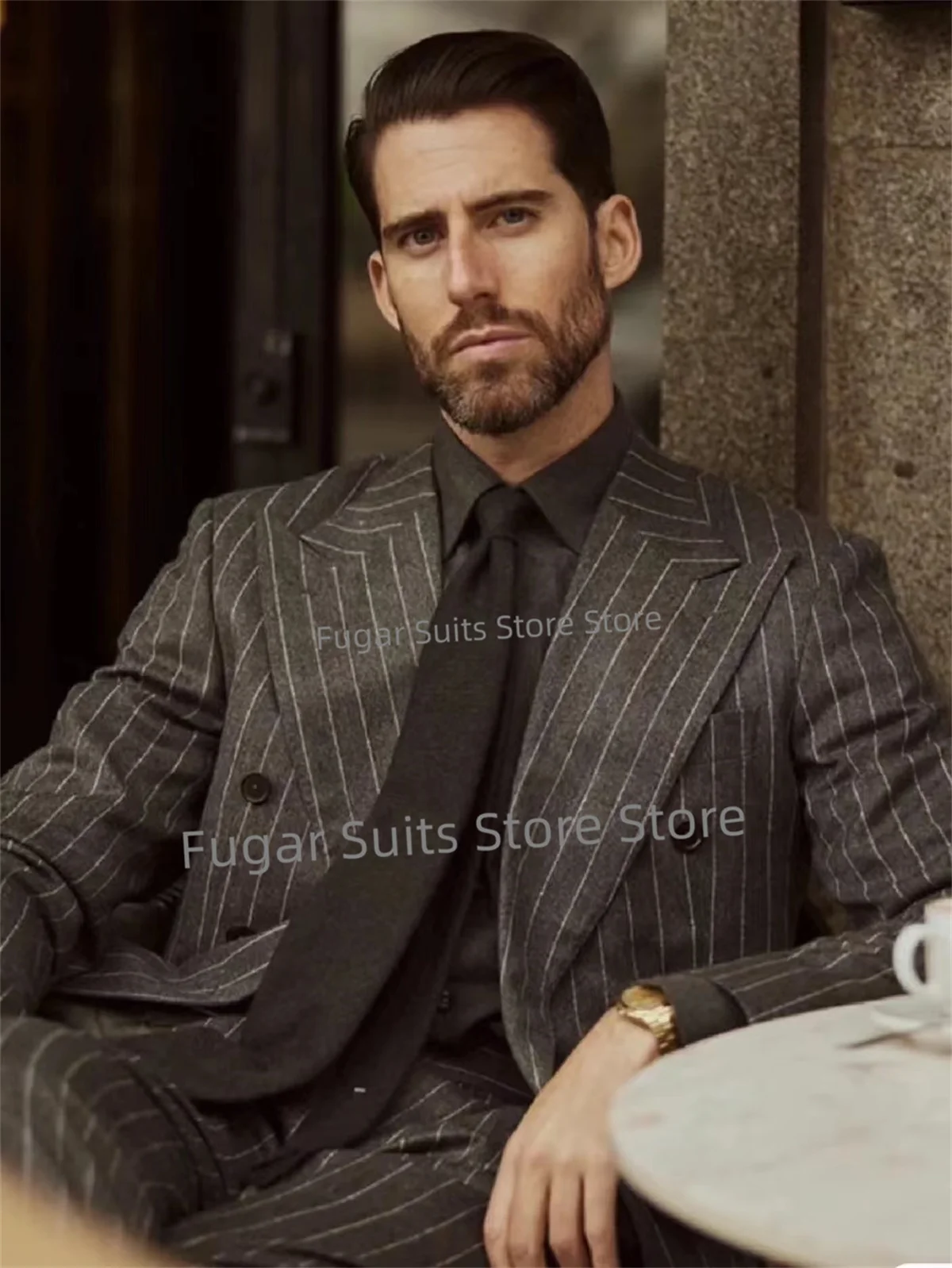 Business Grey Pinstripe Wedding Men Suit Slim Fit Peak Lapel Groom Tuxedos Prom 2 Pieces Sets Fashion Male Blazer Costume Homme