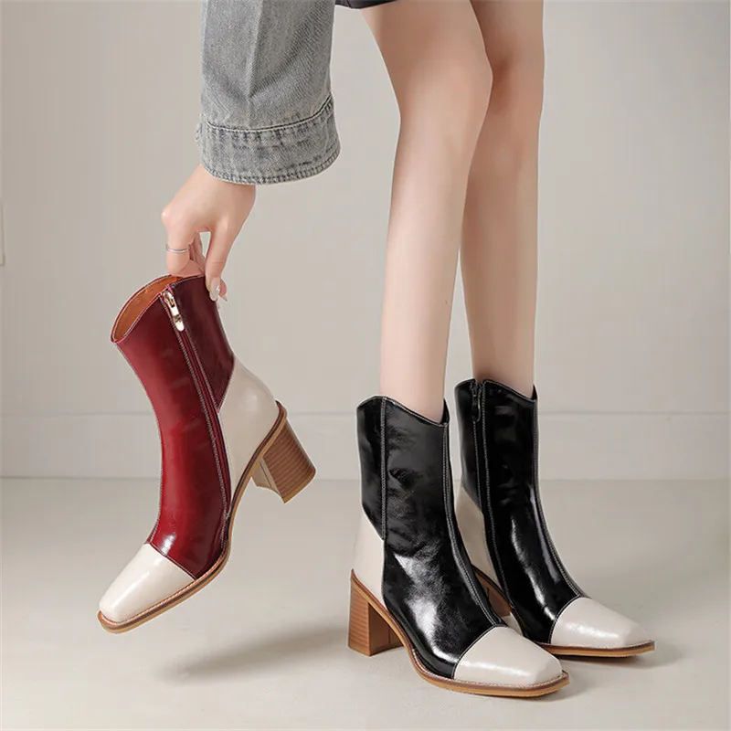 

New High Heel Short Boots Autumn/Winter Women Shoes Square Toe Chunky Heel Boots for Women Fashion Mixed Color Western Boots
