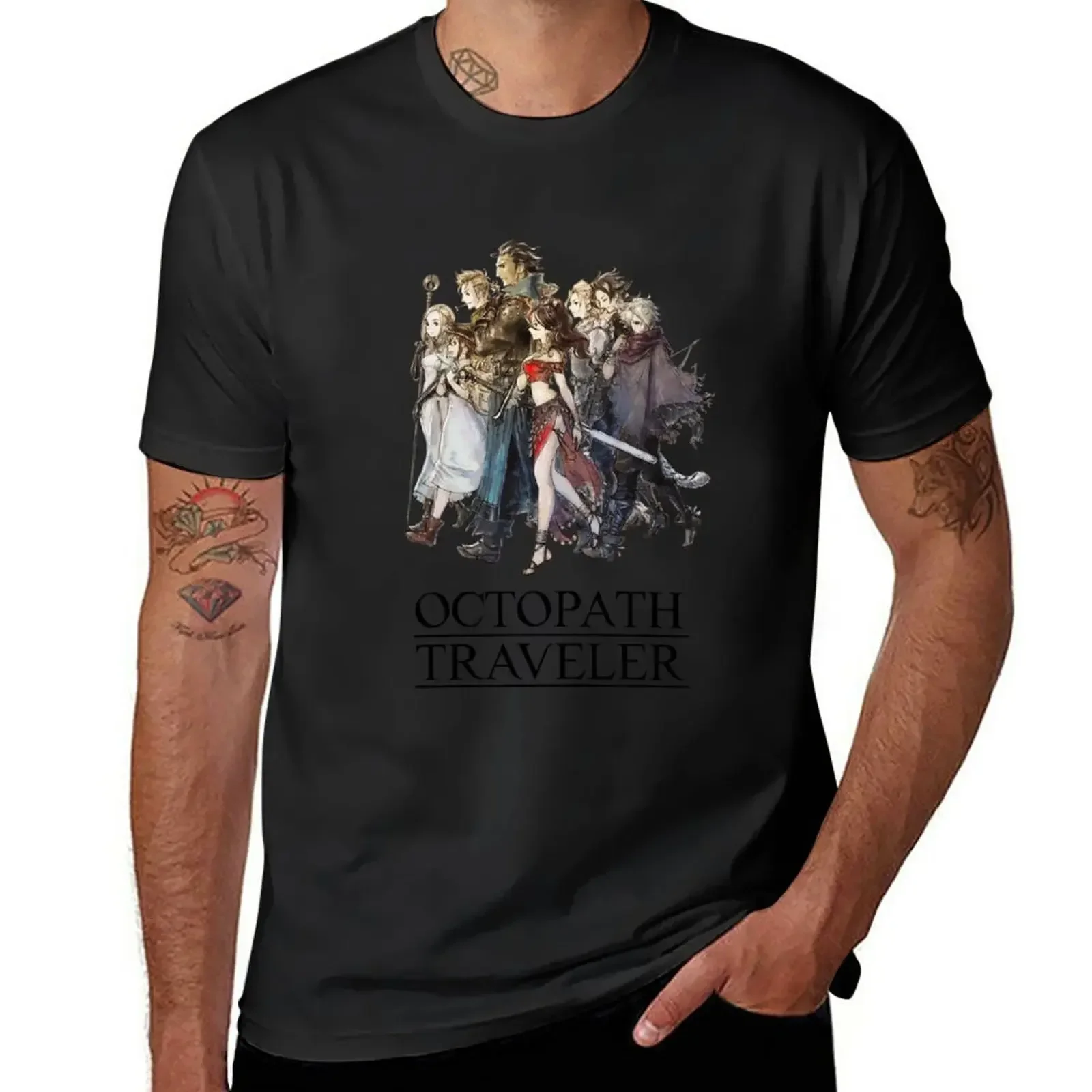 Octopath Traveler? -Travelers Logo (Nero) T-Shirt Sport Fans Blacks Plain White T-Shirt Uomo