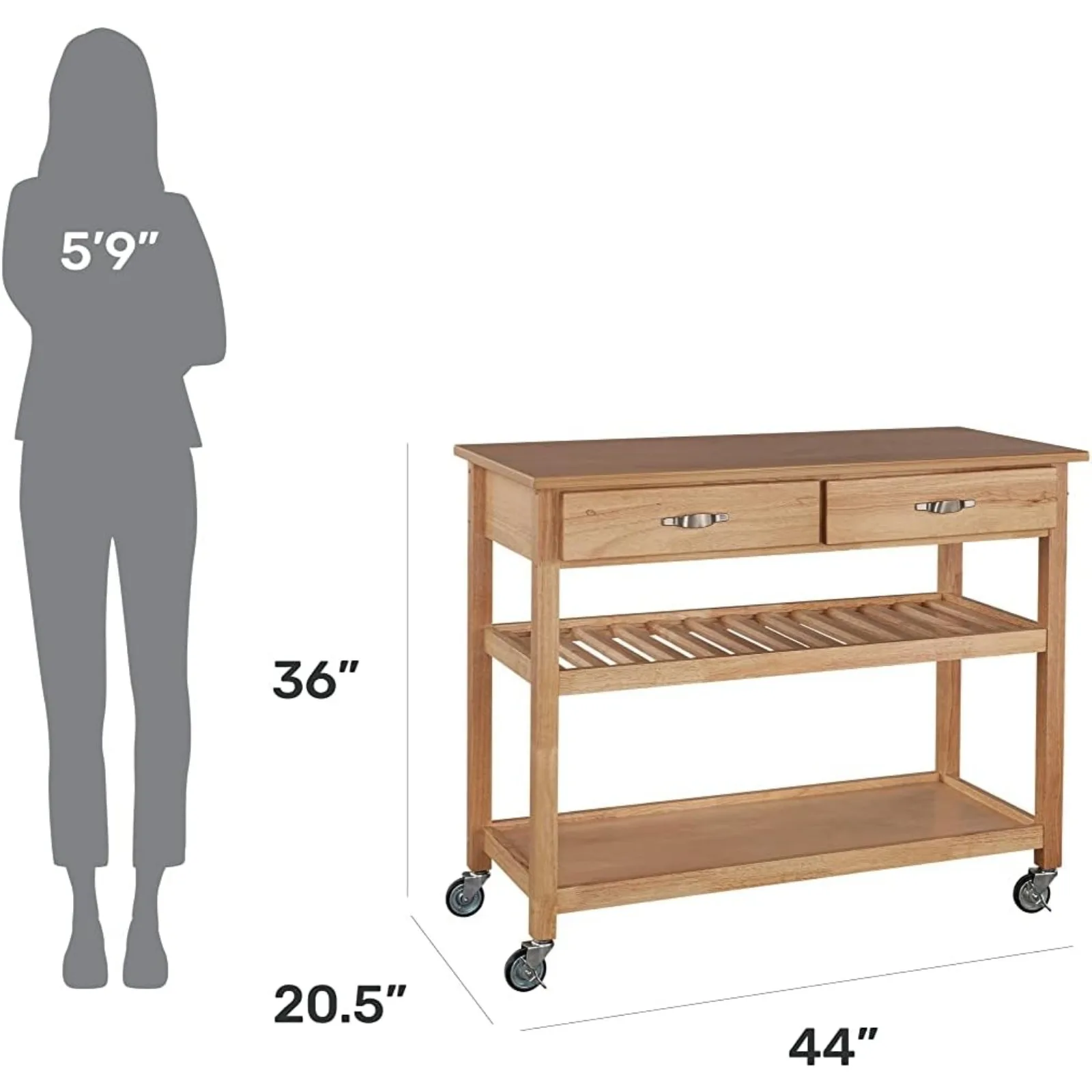 US Home Styles Natural Designer Utility Kitchen Cart with Stainless Steel Top, Two Utility Drawers, Adjustable Shelf and