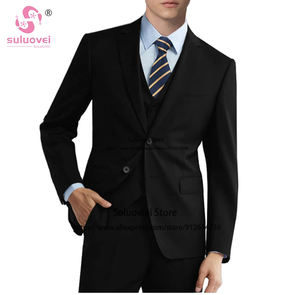 Classic Solid Slim Fit Suits For Men Custom Made 3 Piece Jacket Vest Pants Set Formal Groom Wedding Tuxedo Costume Homme Mariage