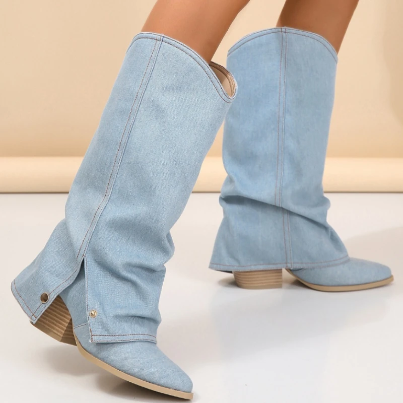 

Women Brand Design Pointed Toe Cowboy Boots Fashion Denim Chunky Heels Women's Cowgirl Boots Party Solid Vintage Shoes Woman
