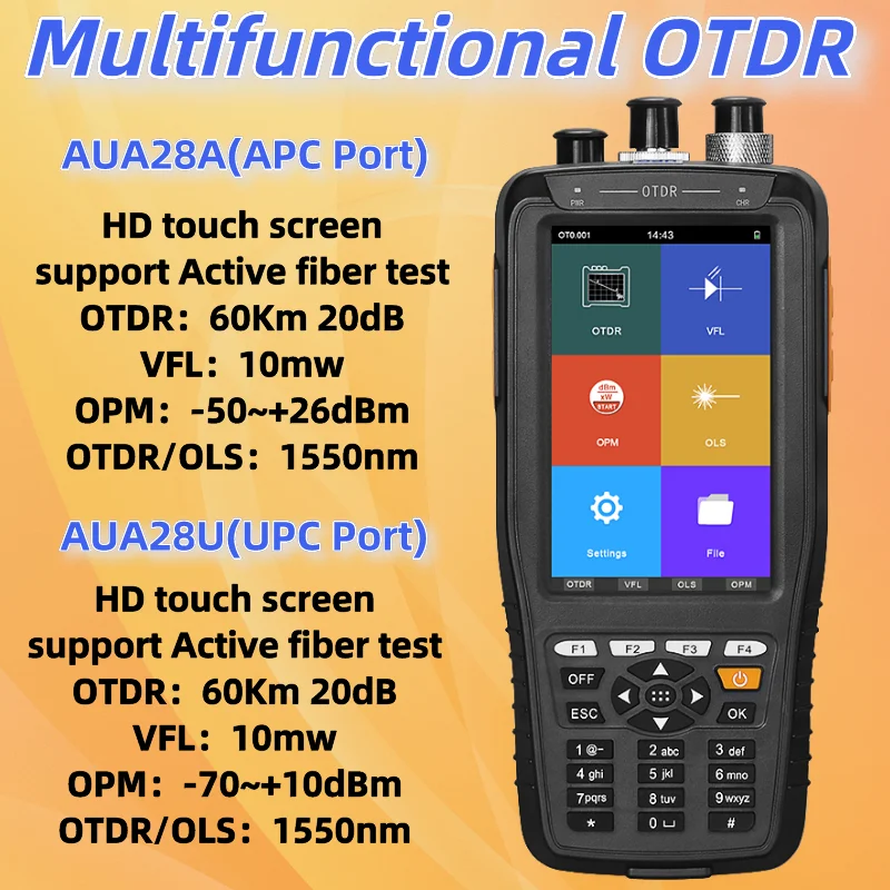 AUA28A/28U Multifunctional OTDR 1550nm Touch Screen Optical Time Domain Reflectometer Fiber Optic Tester With VFL(10mW)/OPM/OLS tfn f1 f1k otdr fiber optic tester 1310 1550nm 32 30db 35 33db high precision 4 3 touch screen optical time domain reflectometer