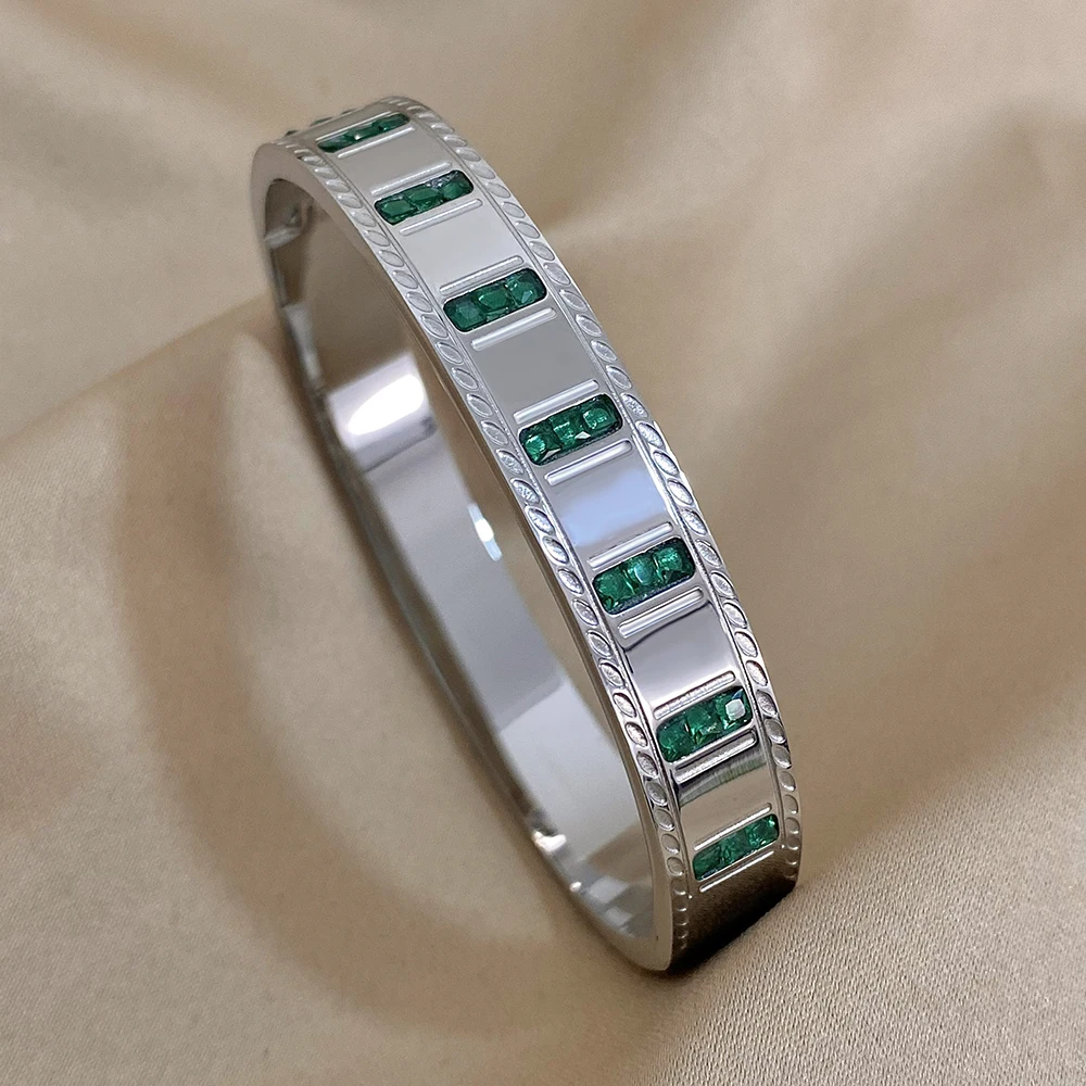 316L Stainless Steel Geometric Green Zircon Bangles Bracelets for Women Cuff Fashion Wrist Jewelry Gifts Accessories 3