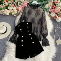 Temperament Commute Style Suit 2024 Spring Lace Embroidered Mesh Top Velvet Tube Top One-Piece Shorts Two-Piece Set for Women - Image 2