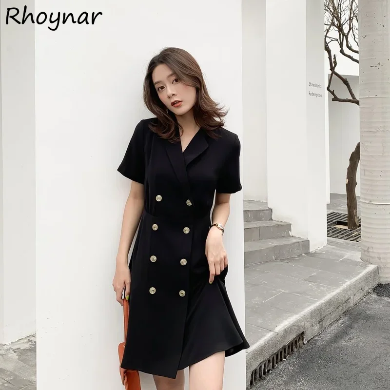 

Short Sleeve Dress Women Solid Vintage Elegant Notched All-match Leisure Summer New Loose Female Fashion Vestido Double Breasted