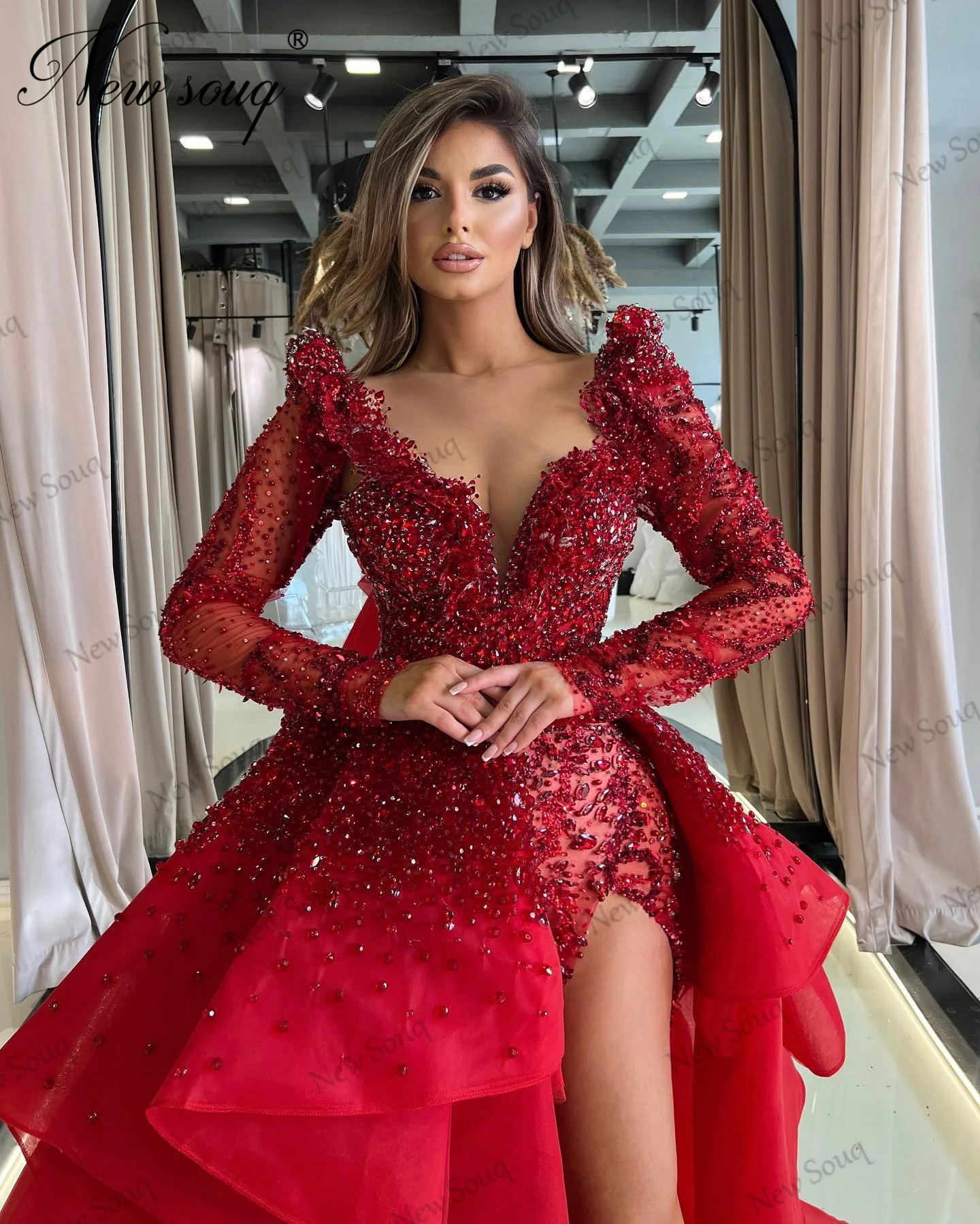 

Red Beading Evening Dresses Detachable Skirt Sexy High Slit Side Long Prom Dress Arabic Dubai Party Dress Gown Vestido De Fiesta