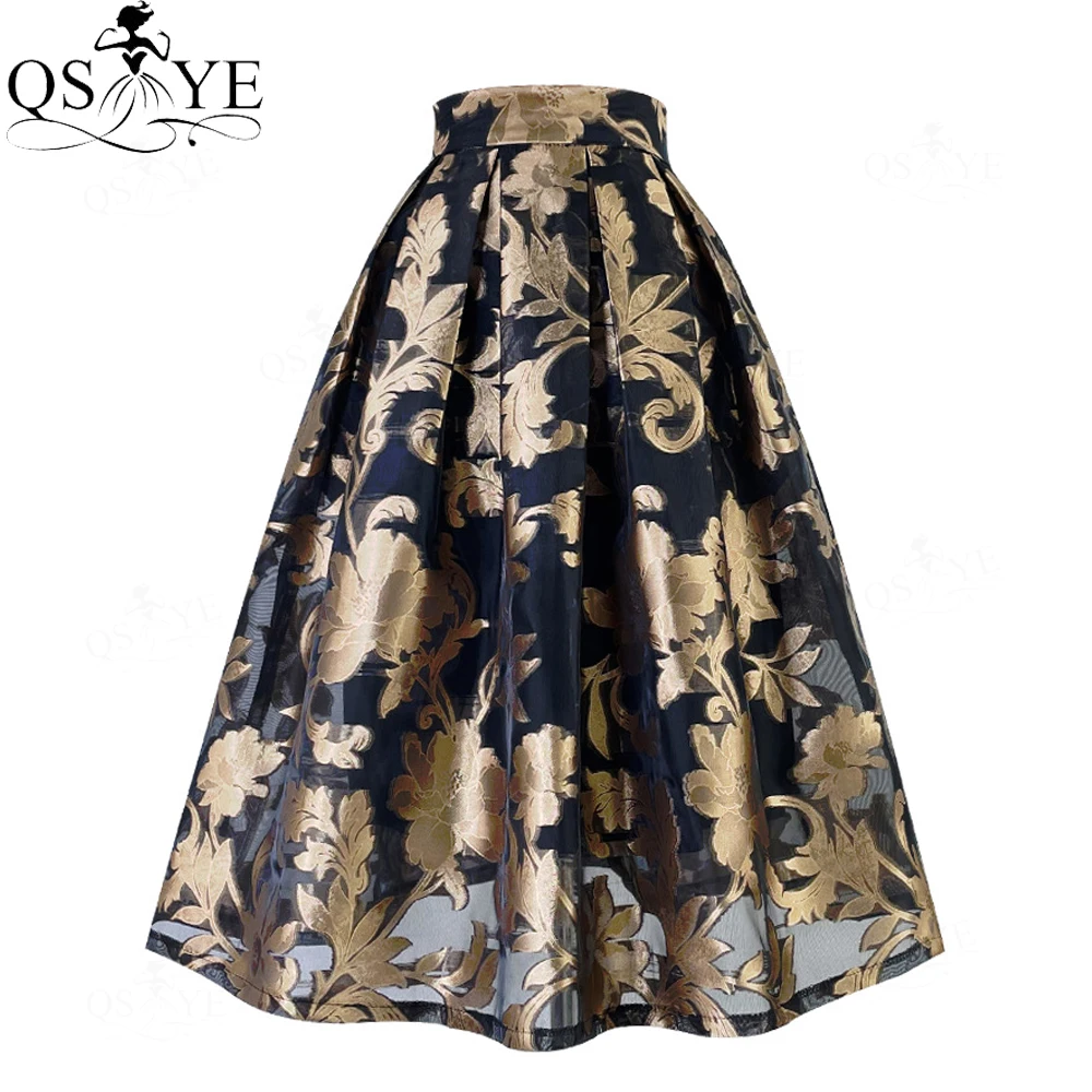 Gold Floral Long Prom Dresses A line Overskirt Skirt Black Women