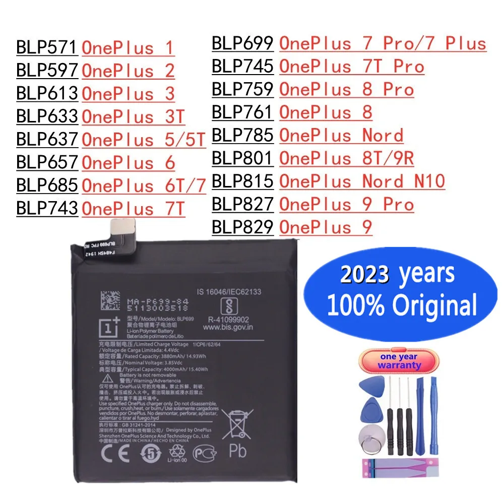 2023 Anni 100% Batteria Originale Per Oneplus 1 2 3 3T 5 5T 6 6T 7 Pro Plus 7Pro 7Plus 7T Pro 8 Pro 8 Nord 8T 9R Nord N10 9 Pro