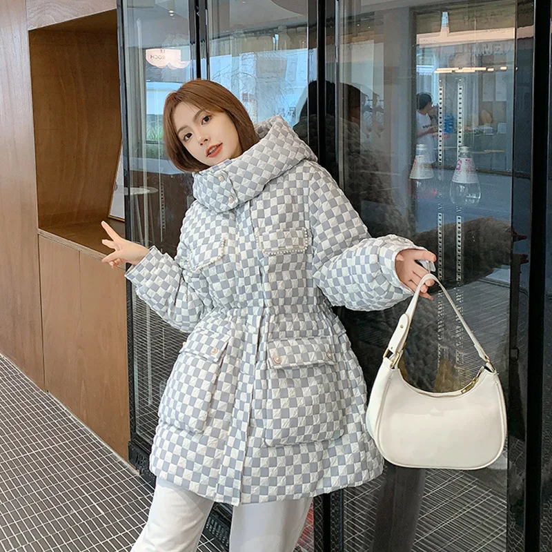 White Duck Down Filled Long Sleeved Down Jacket Chessboard Composite Fabric Medium Length Puffer Jacket Winter Coat Women