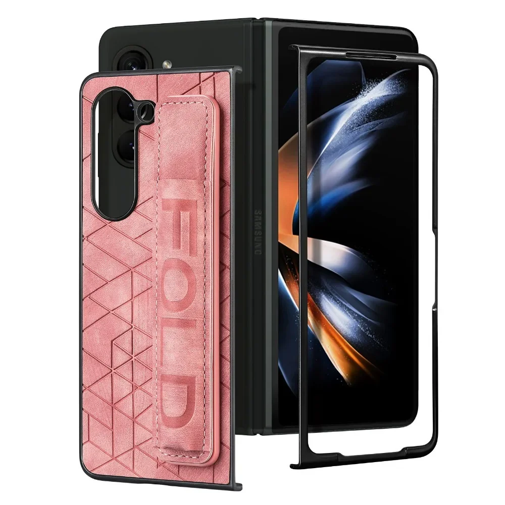 Wrist Strap PU Leather Cover for Samsung Galaxy Z Fold 6 5 4 3 5G Hard PC Phone Case with S Pen Holder & Finger Grip(no Pen) | Gaffar India