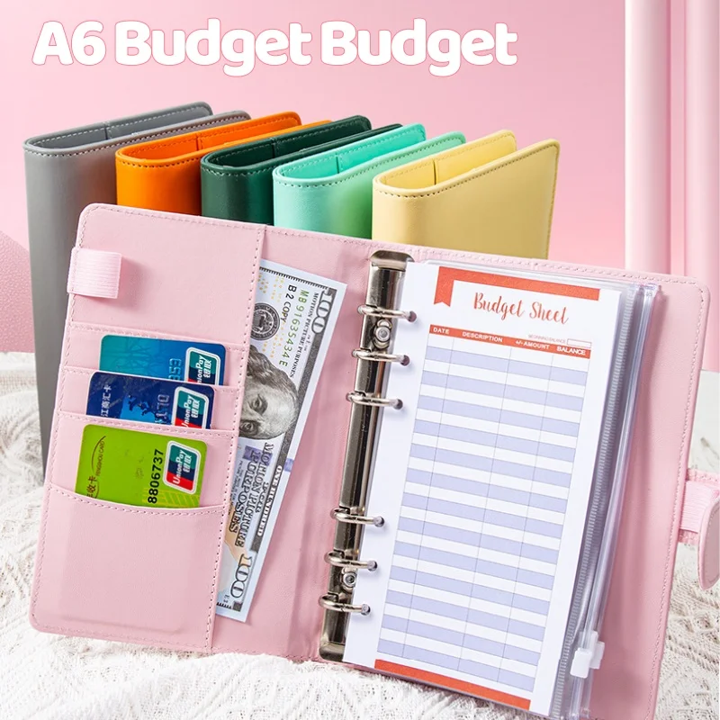 A6 PU Leather Budget Binder Notebook Cash Envelopes System Set with Binder Pockets for Money Budget Saving Bill Organizer
