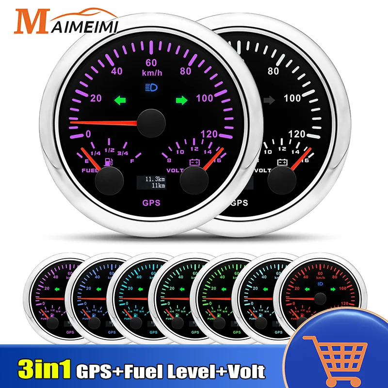 

85mm Universal 3 IN 1 Gauge 120KMH MPH GPS Speedometer+Voltmeter+Fuel Level Meter For 12V 24V Car Marine Boat 7 Color Backlight
