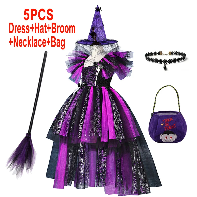 thumbnail image 1 of Disfraz de bruja para niñas, vestido de malla tejida con cola, sombrero de bruja y escoba, para fiesta de Halloween, Carnaval y graduación, 1 of 5