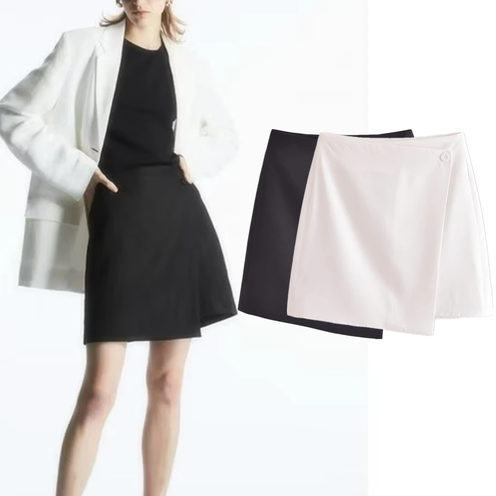 Withered French Fashion Elegant Asymmetrical Mini Skirts Womens High Waist Simple Solid Office Ladies Skirt