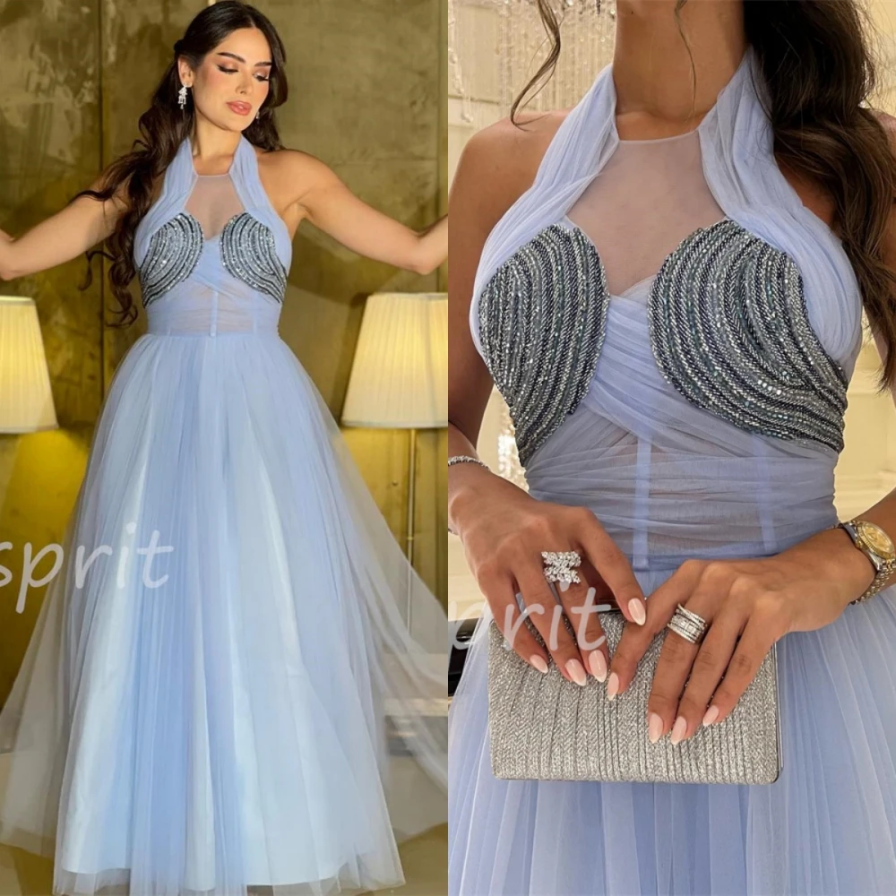 

Fashion Halter Empire A-line Party Dress Floor Length Sleeveless Sequin Formal Evening Gowns robe de soiree فساتين
