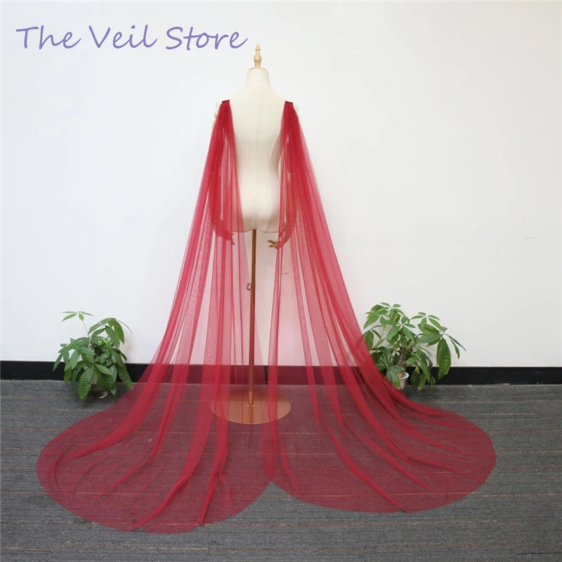 2Pcs Burgundy Win Red Wedding Shoulder Cape Draped Veils Tulle Bridal Wings Cloak Cathedral Long Accessories For Brides Vintage