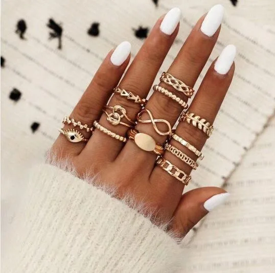 

8-Word Eye Devil's Eye Knotted Geometric Leaf Triangle Chain Seal 13 10 Three-Piece Ring Set