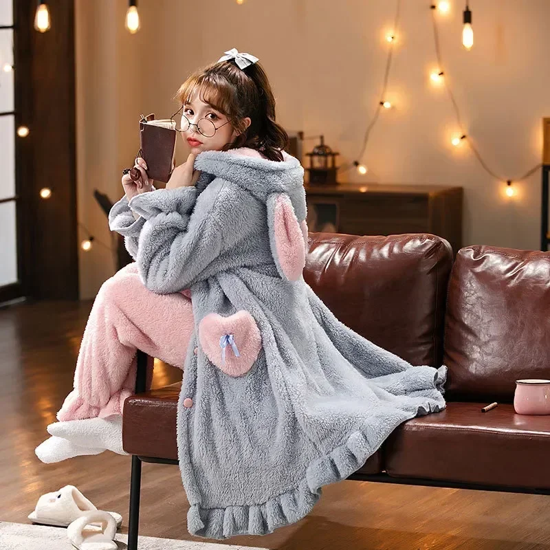 

Princess Nightgown Bathrobe Warm Loungewear Velvet Rabbit Bigsize Coral Cute Women Hooded Sleepwear Robe Winter Set Soft Flannel