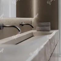 อ่างล้างหน้าคู่แบบวินเทจทำจากหินทราเวอร์ทีน พร้อมพื้นผิวแบบมีเท็กซ์เจอร์ ติดตั้งใต้เคาน์เตอร์ พร้อมท่อระบายน้ำแบบซ่อน  อ่างล้างหน้าสไตล์กลางศตวรรษ ทำจากหินเทียม 5