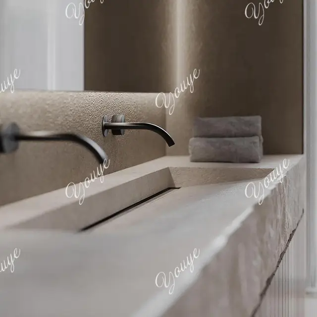 อ่างล้างหน้าคู่แบบวินเทจทำจากหินทราเวอร์ทีน พร้อมพื้นผิวแบบมีเท็กซ์เจอร์ ติดตั้งใต้เคาน์เตอร์ พร้อมท่อระบายน้ำแบบซ่อน  อ่างล้างหน้าสไตล์กลางศตวรรษ ทำจากหินเทียม 5