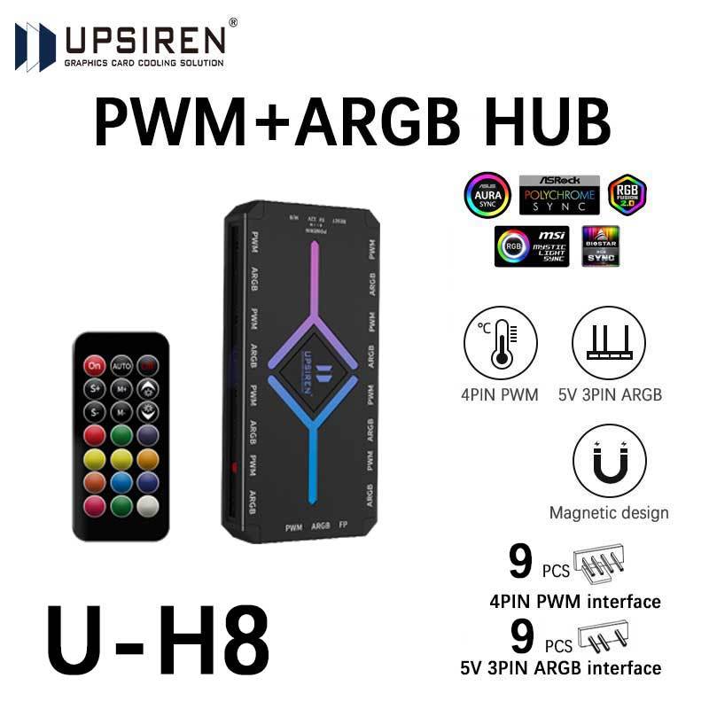 UPSIREN U-H8 5V 3PIN ARGB＆4PIN PWM HUB Computer Case Fan Light Synchronous Bottom magnetic design with Remote Control