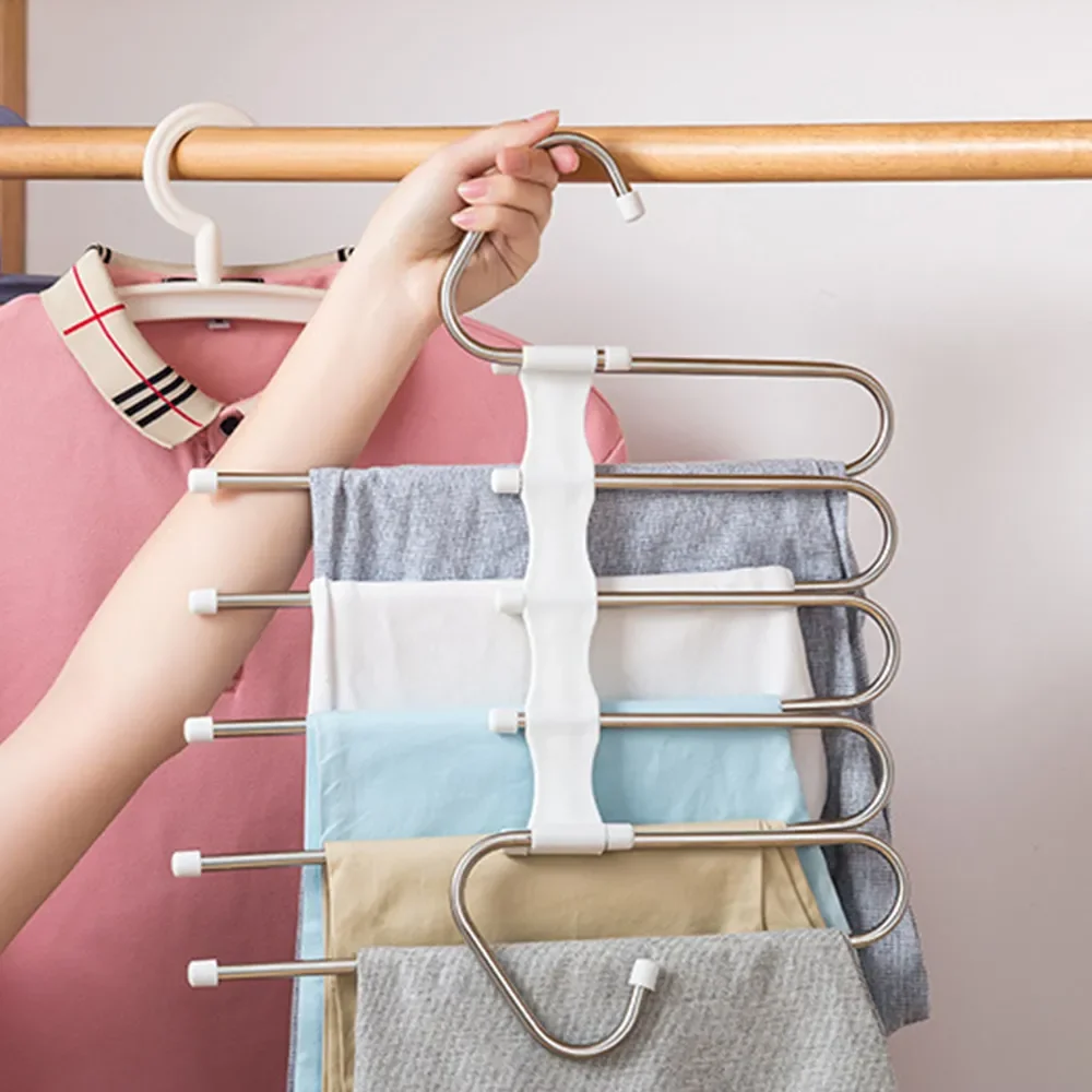 

Multi-functional 5 in 1 Trouser Storage Rack Adjustable Pants Tie Stainless Steel Clothes Hanger Storage Shelf Closet Organizer