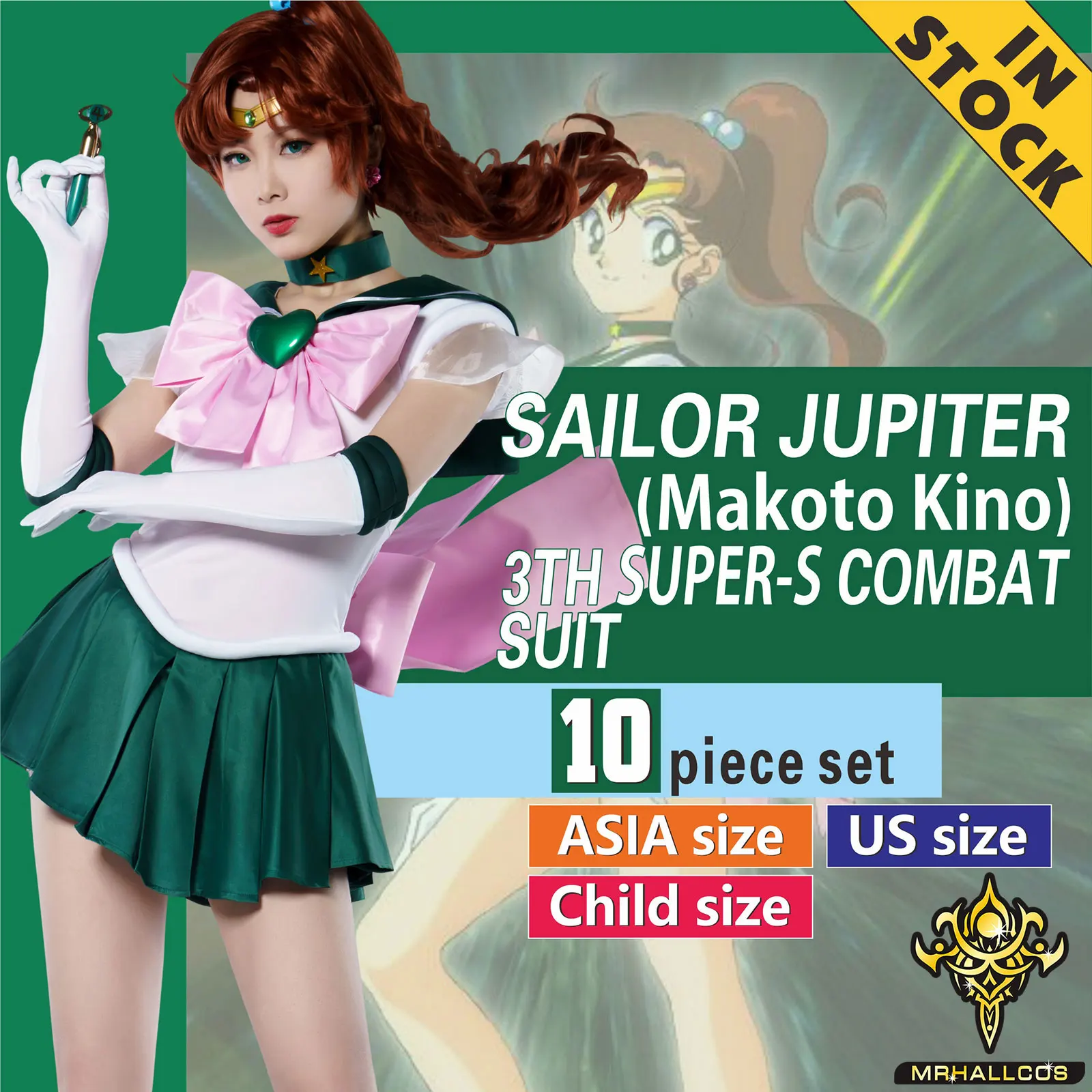 Mrhallcos Anime Cosplay Sailor Jupiter Makoto Kino Moon Supers Crystal Dress Outfit Costume Halloween Party Kid Adult Women Plu