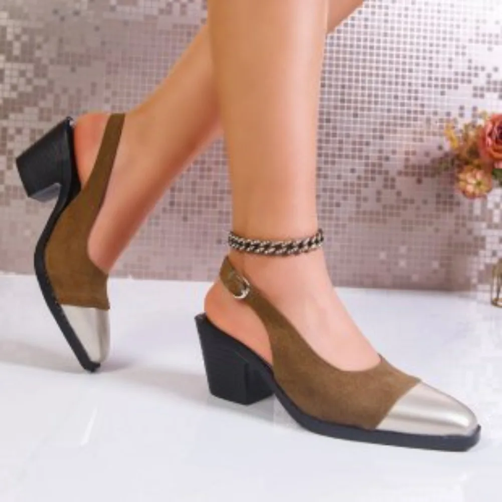 Women Square Head High Heels Summer New Fashion Brand Designer PU Leather Outdoor Slip-On Casual Office Women Sandals Zapatos